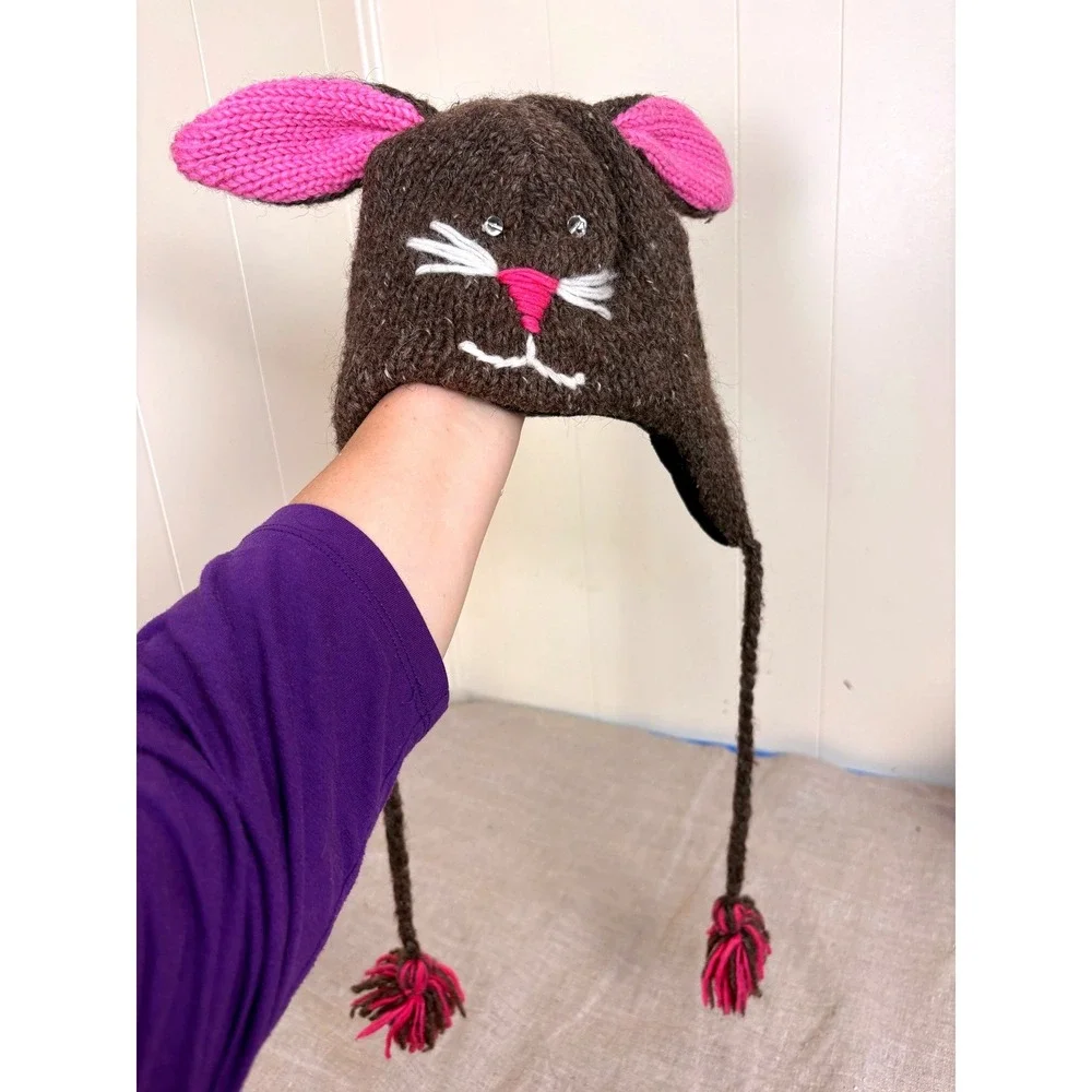 Unbranded Bunny Earflap Hat Kids One Size Brown Pink Wool Fleece Lined Nepal